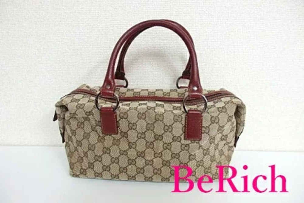 Gucci Boston Bag Handbag GG Beige Canvas Leather Shoulder